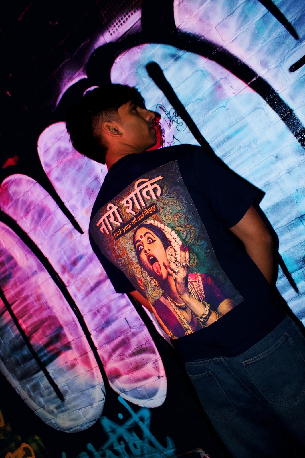 नारी शक्ति Tee worn on model, back view