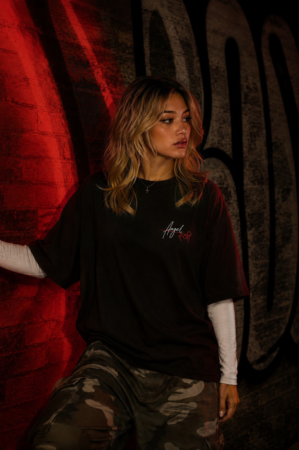 Distressed Logo Tee worn on model, front view
